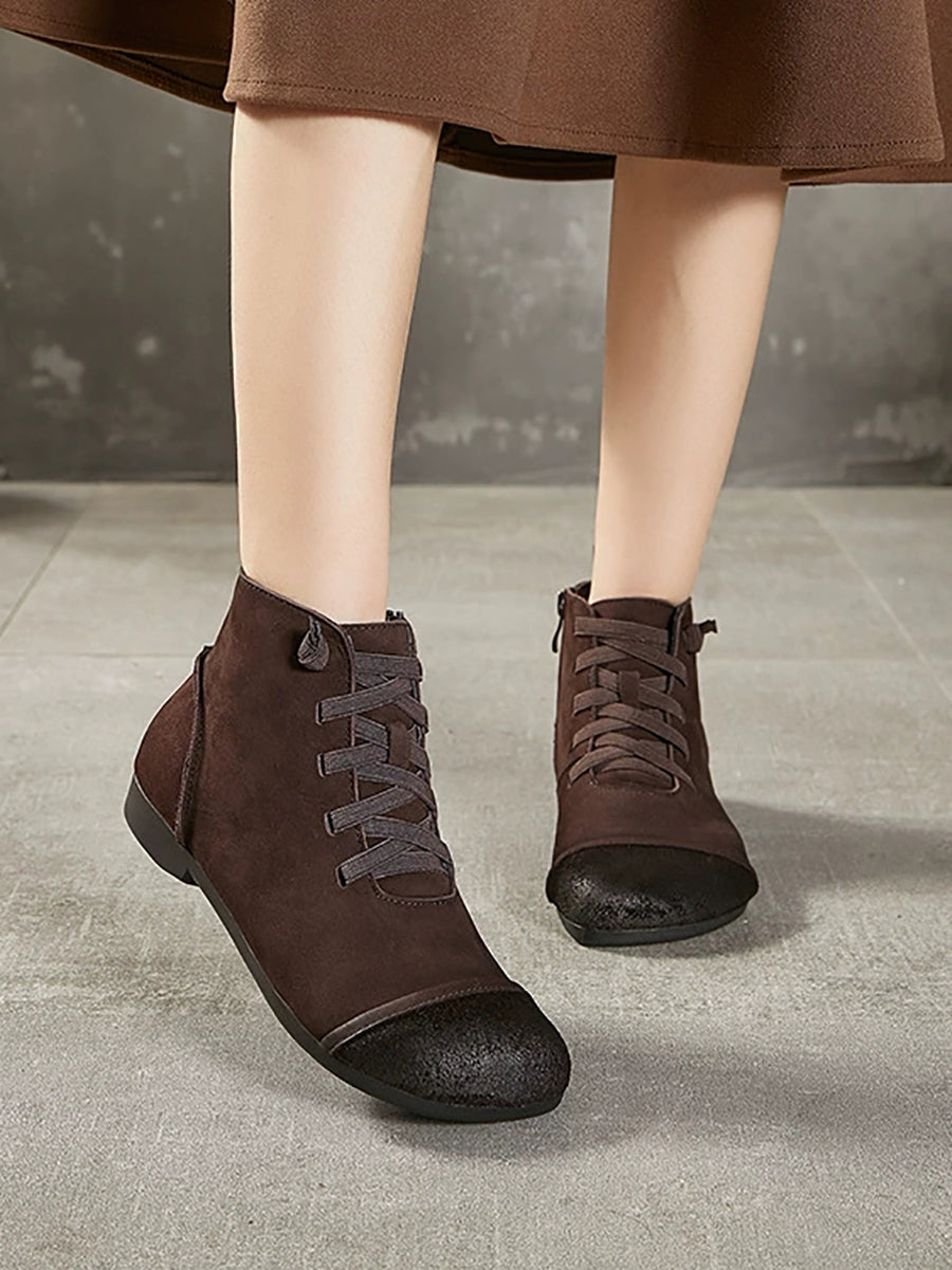 Women Vintage Genuine Leather Spliced Ankle Boots