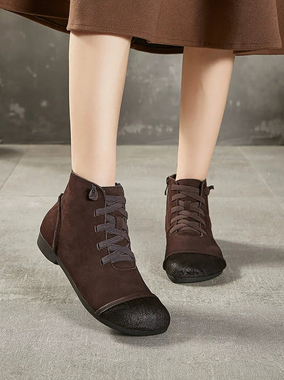 Women Vintage Genuine Leather Spliced Ankle Boots