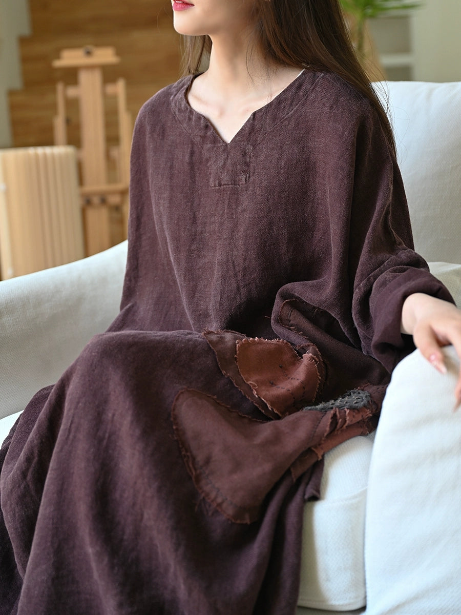 Women Summer Vintage Patch V-Neck 100%Linen Dress