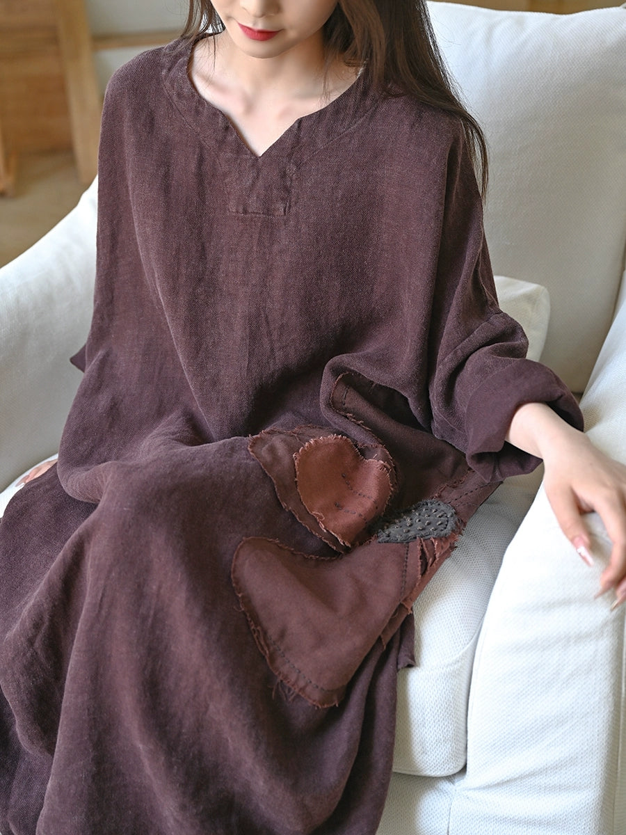 Women Summer Vintage Patch V-Neck 100%Linen Dress