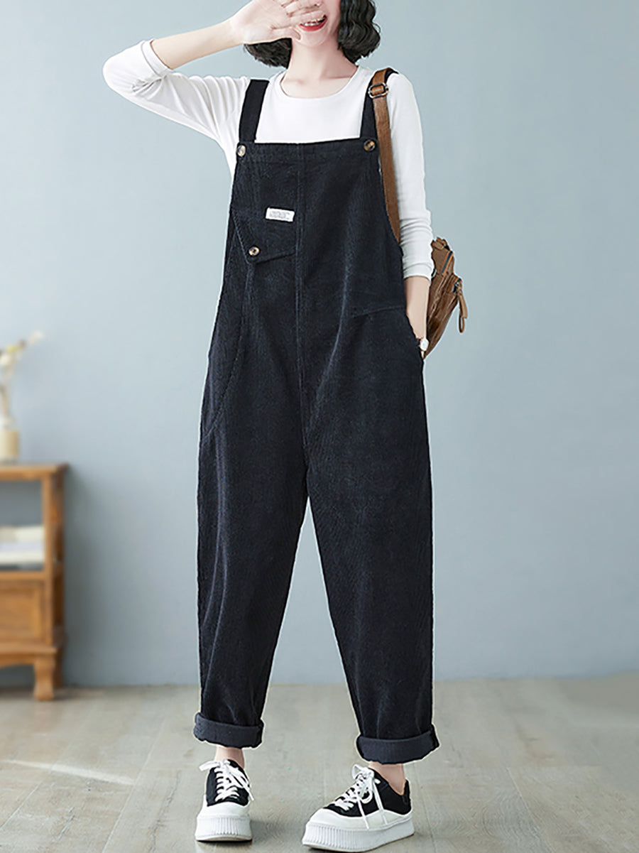 Women Autumn Retro Pure Color Corduroy Jumpsuits