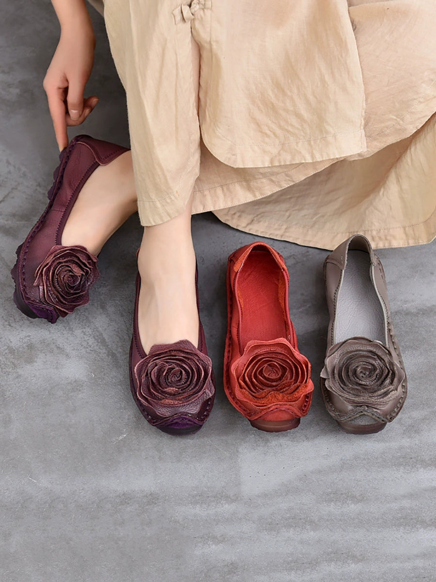 Women Summer Leather Flower Spliced Flat Shoes
