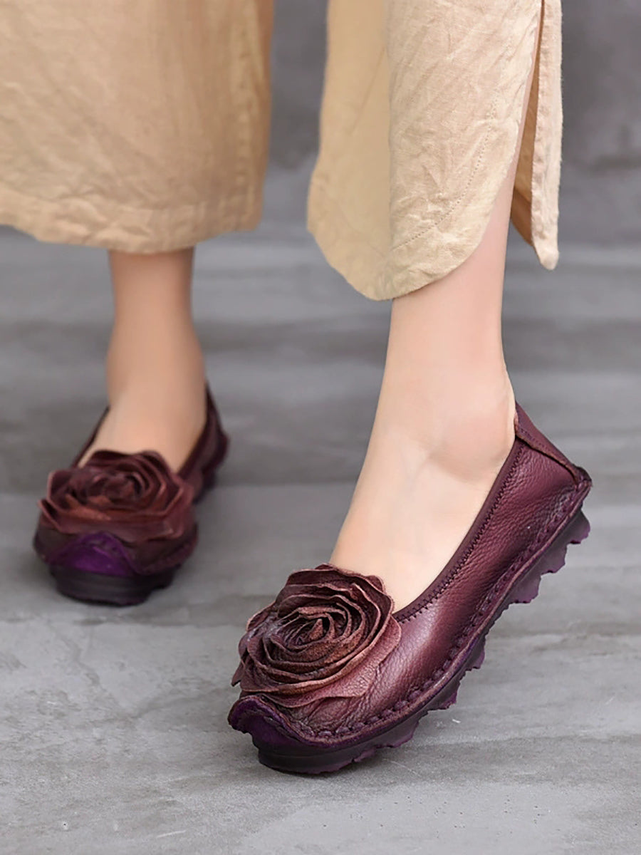 Women Summer Leather Flower Spliced Flat Shoes