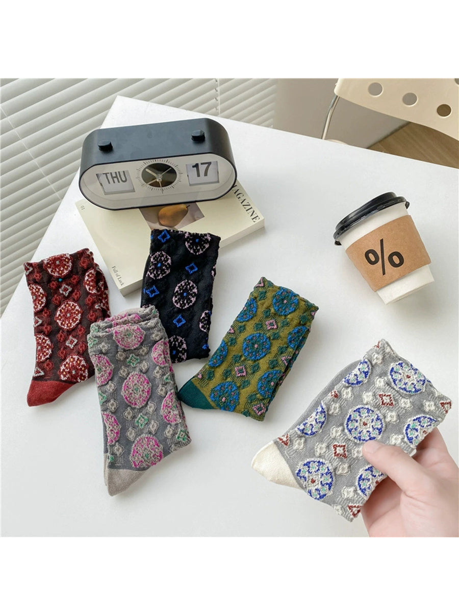 5 Pairs Women Vintage Autumn Jacquard Cotton Socks