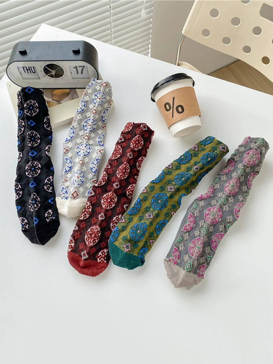 5 Pairs Women Vintage Autumn Jacquard Cotton Socks