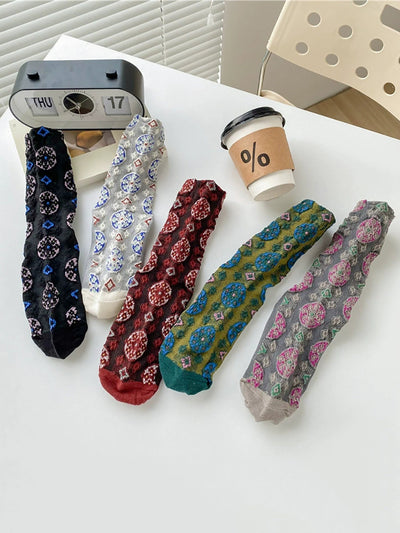 5 Pairs Women Vintage Autumn Jacquard Cotton Socks