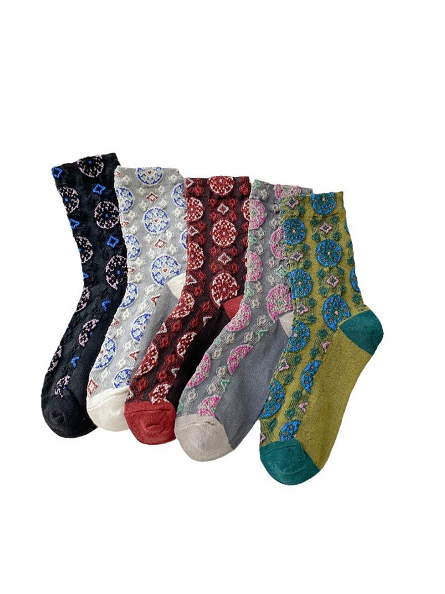 5 Pairs Women Vintage Autumn Jacquard Cotton Socks
