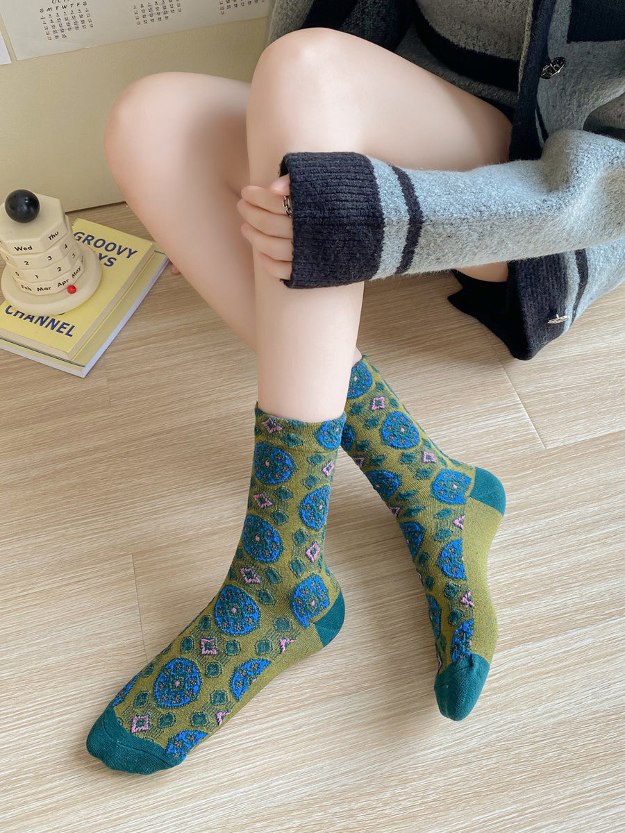 5 Pairs Women Vintage Autumn Jacquard Cotton Socks