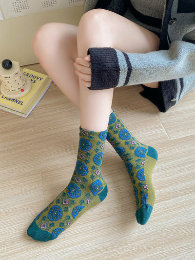 5 Pairs Women Vintage Autumn Jacquard Cotton Socks