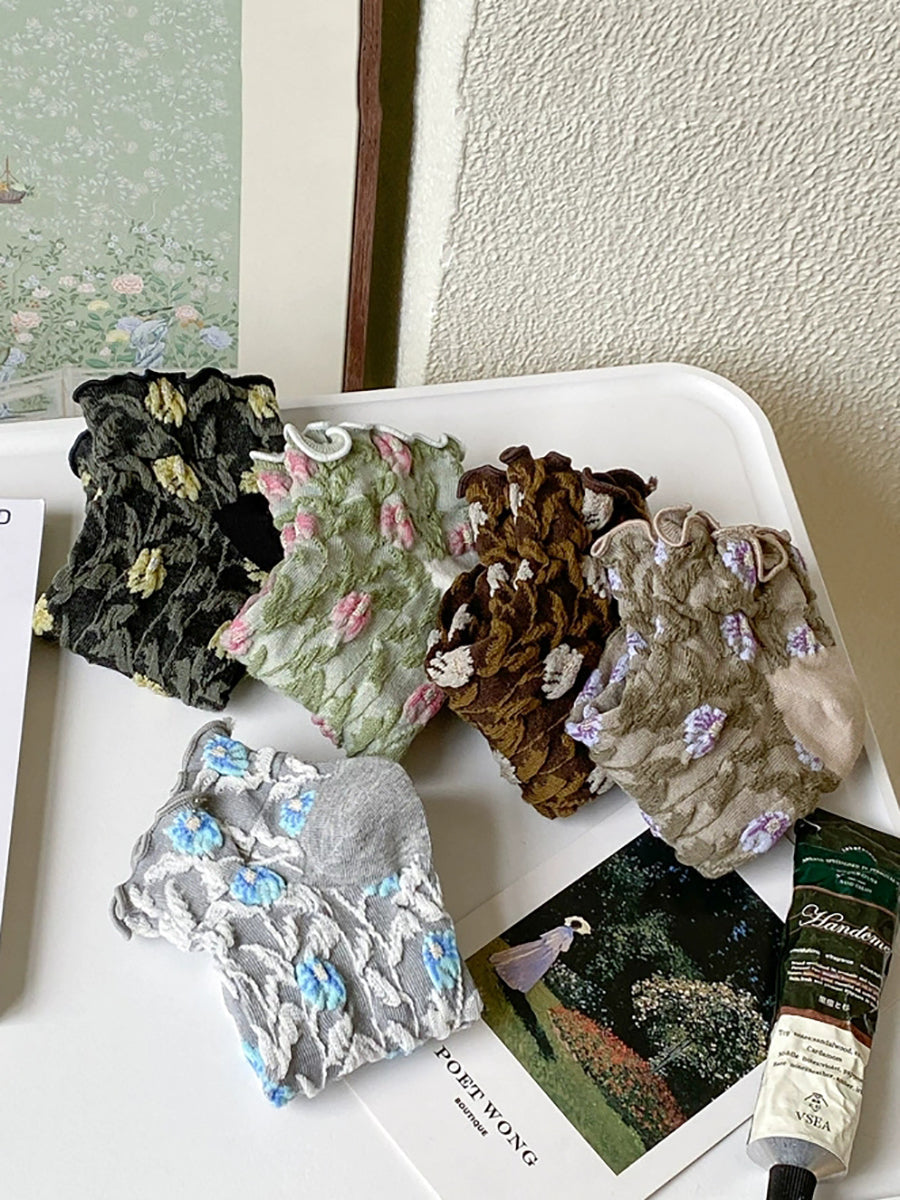 5 Pairs Women Summer Vintage Flower Embossment Socks
