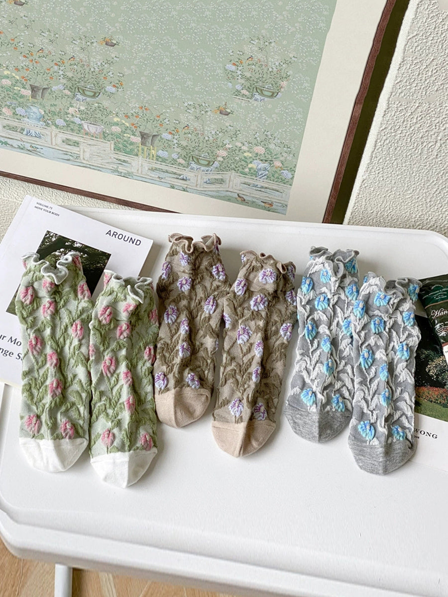 5 Pairs Women Summer Vintage Flower Embossment Socks