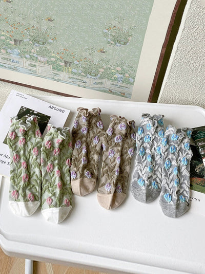 5 Pairs Women Summer Vintage Flower Embossment Socks