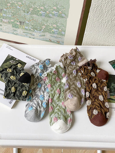 5 Pairs Women Summer Vintage Flower Embossment Socks