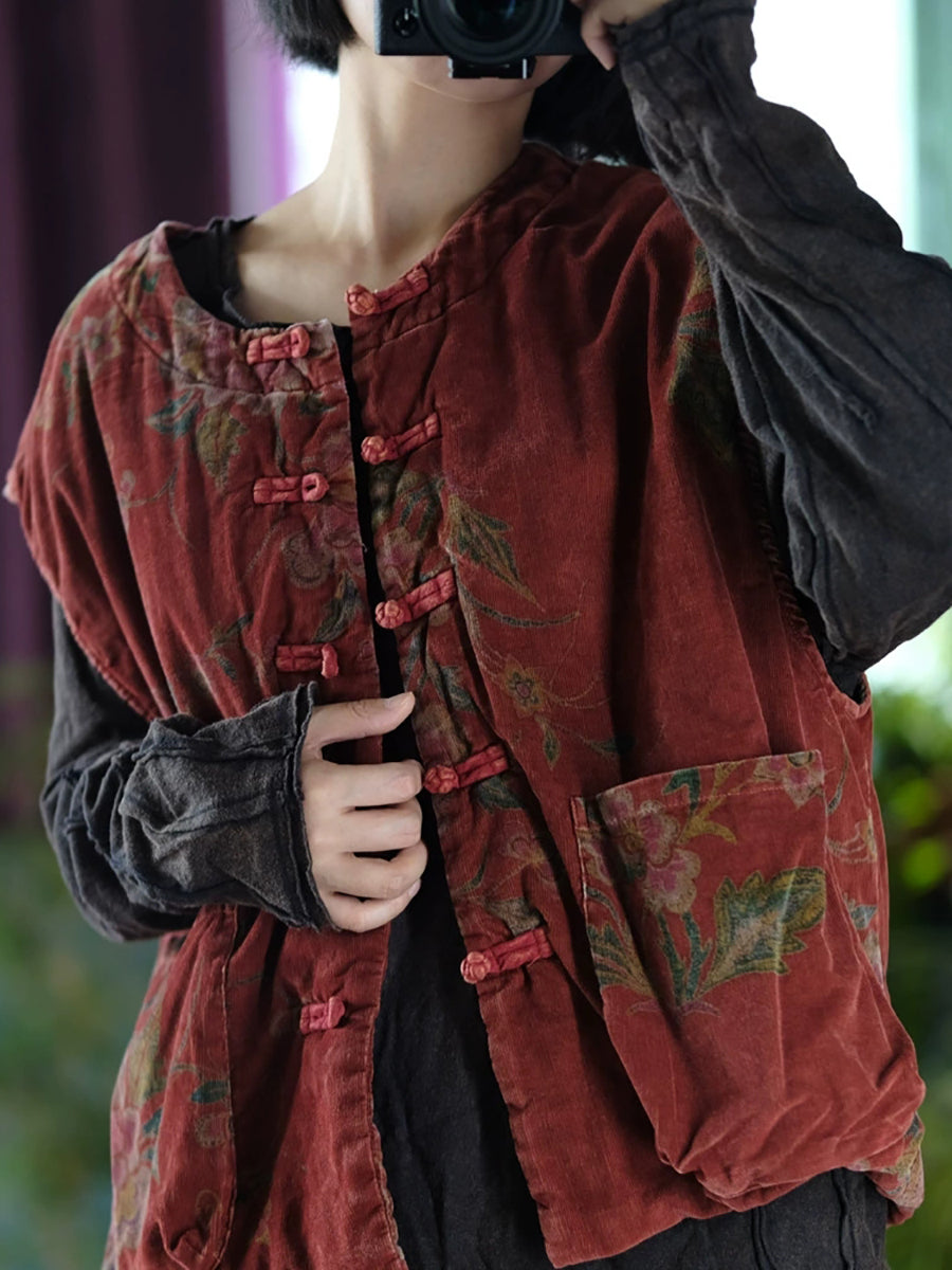 Women Autumn Retro Flower O-Neck Cotton Padded Vest