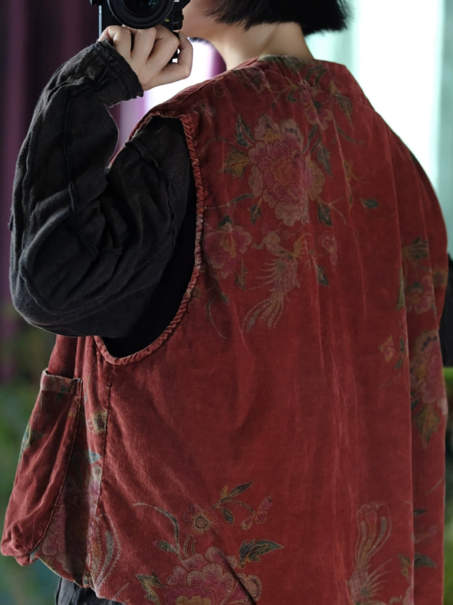 Women Autumn Retro Flower O-Neck Cotton Padded Vest