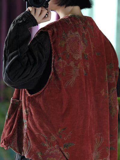 Women Autumn Retro Flower O-Neck Cotton Padded Vest