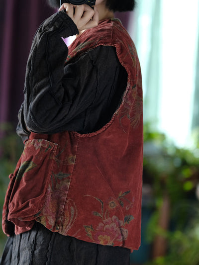 Women Autumn Retro Flower O-Neck Cotton Padded Vest