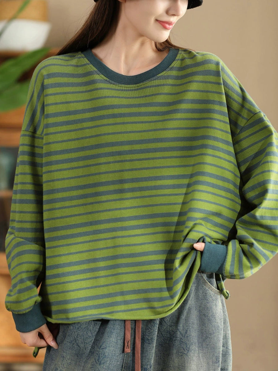 Women Autumn Casual Stripe O-Neck Cotton Shirt