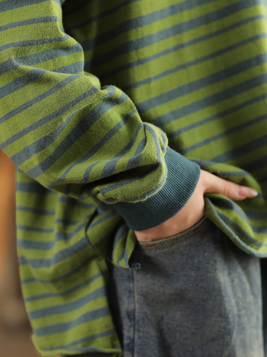 Women Autumn Casual Stripe O-Neck Cotton Shirt