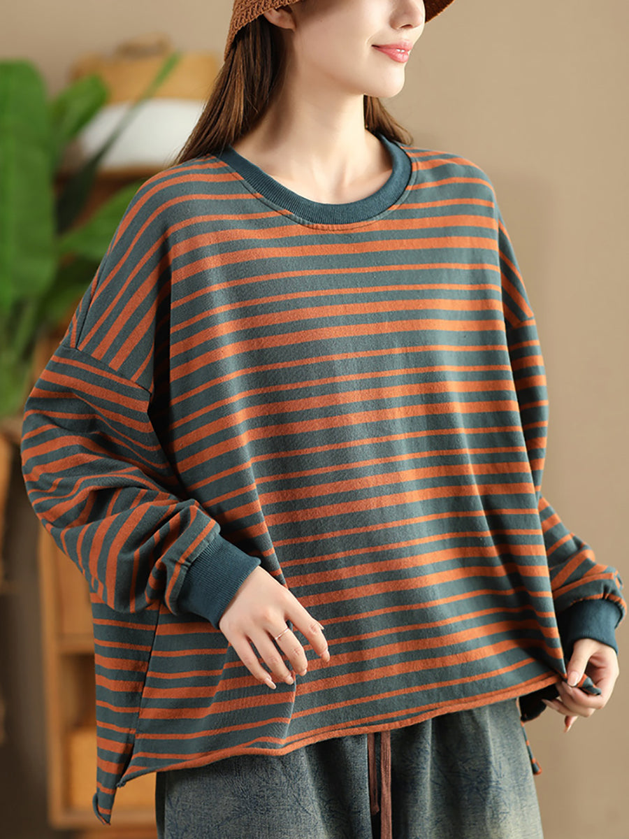 Women Autumn Casual Stripe O-Neck Cotton Shirt