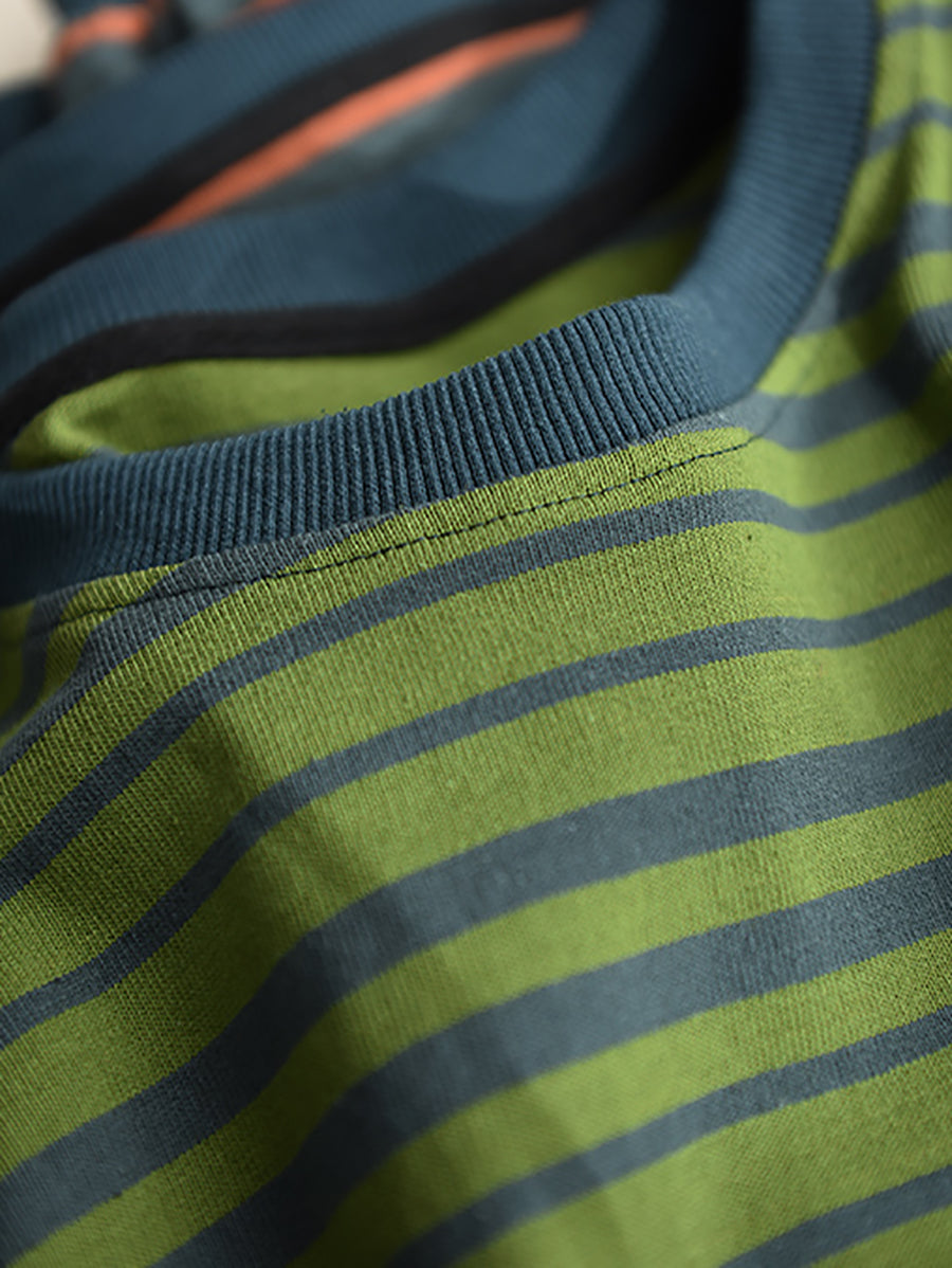 Women Autumn Casual Stripe O-Neck Cotton Shirt