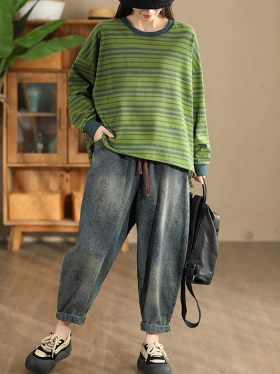 Women Autumn Casual Stripe O-Neck Cotton Shirt