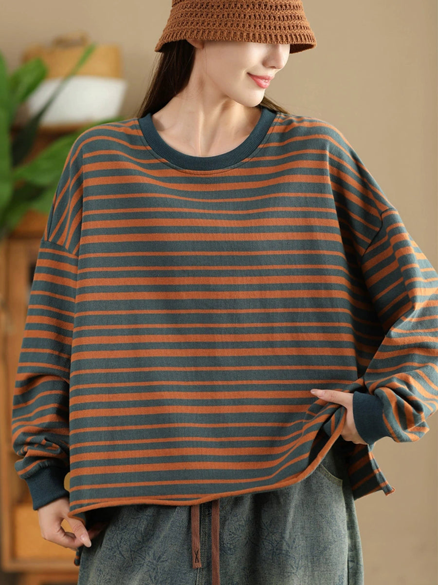 Women Autumn Casual Stripe O-Neck Cotton Shirt