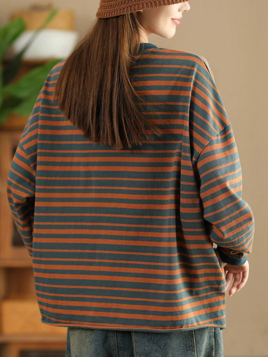 Women Autumn Casual Stripe O-Neck Cotton Shirt