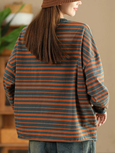 Women Autumn Casual Stripe O-Neck Cotton Shirt