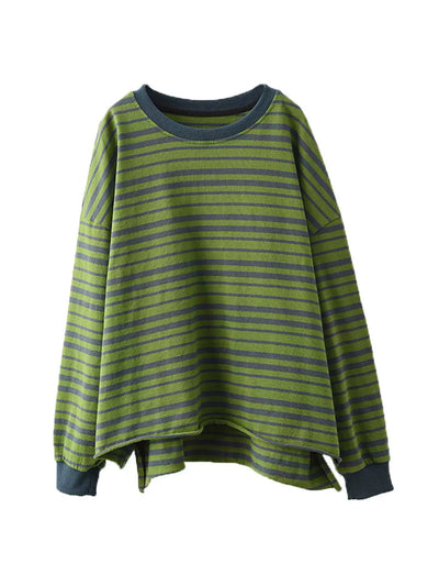 Women Autumn Casual Stripe O-Neck Cotton Shirt