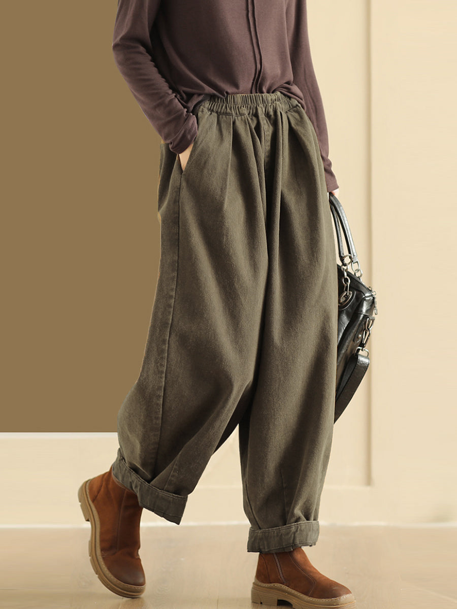Women Autumn Retro Pure Color Cotton Harem Pants