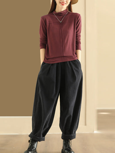 Women Autumn Retro Pure Color Cotton Harem Pants