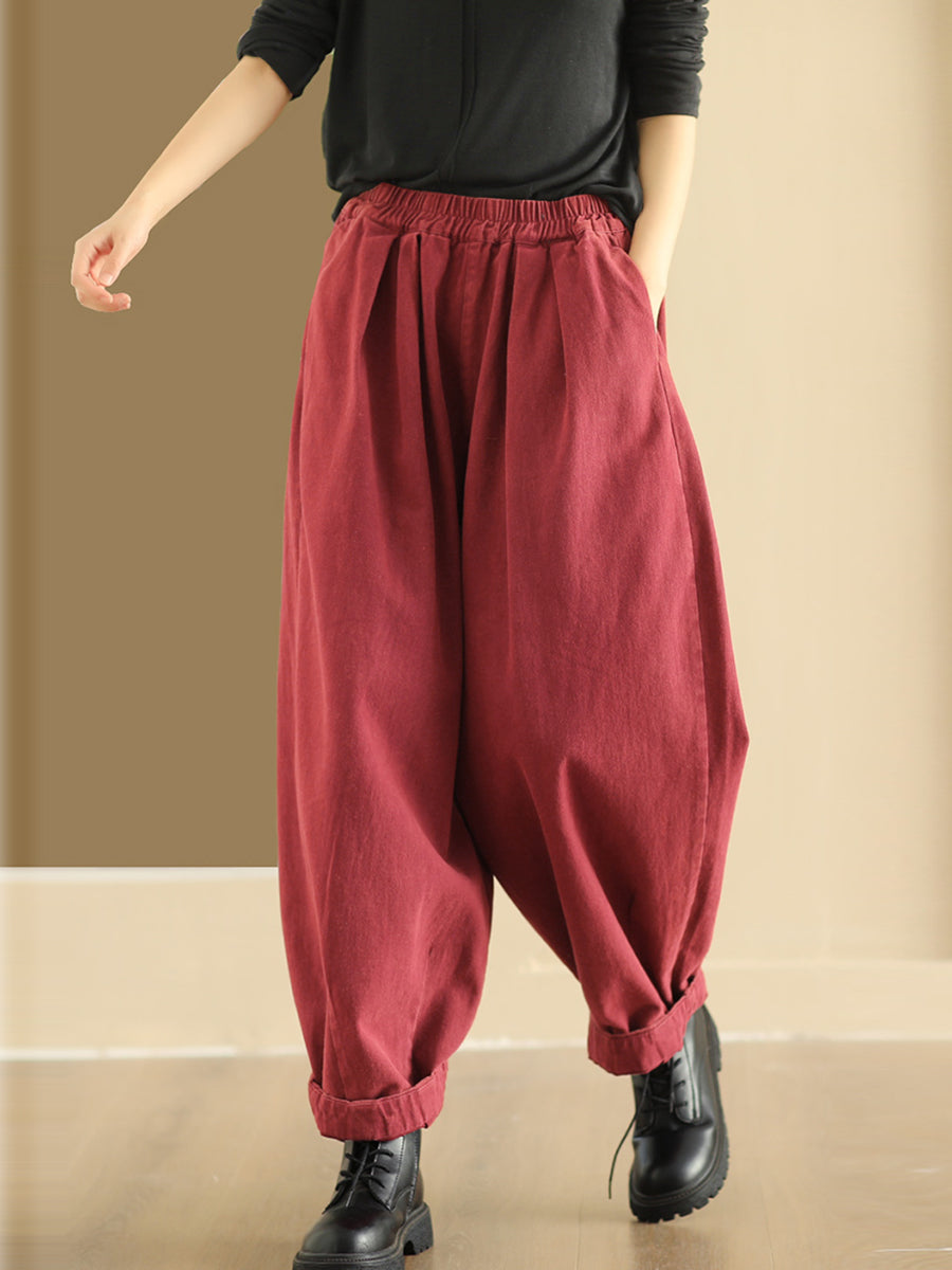 Women Autumn Retro Pure Color Cotton Harem Pants