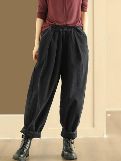 Women Autumn Retro Pure Color Cotton Harem Pants