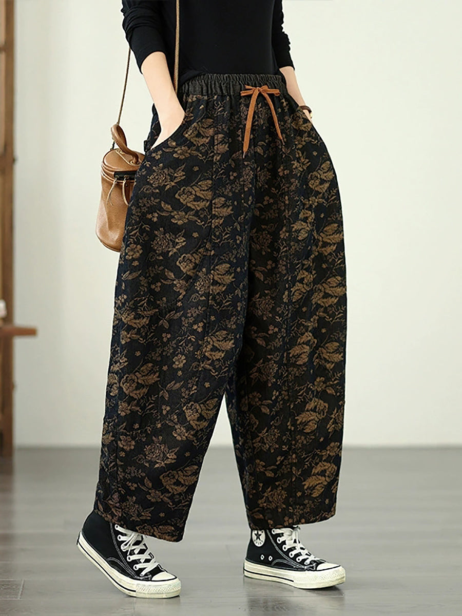 Women Autumn Retro Flower Cotton Harem Pants