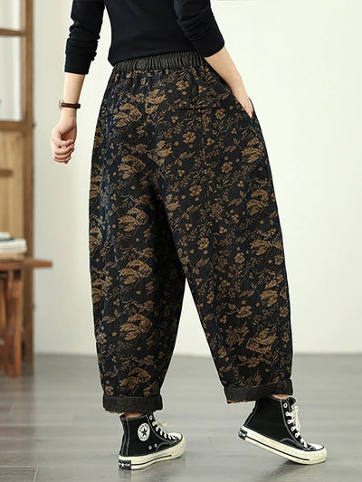 Women Autumn Retro Flower Cotton Harem Pants