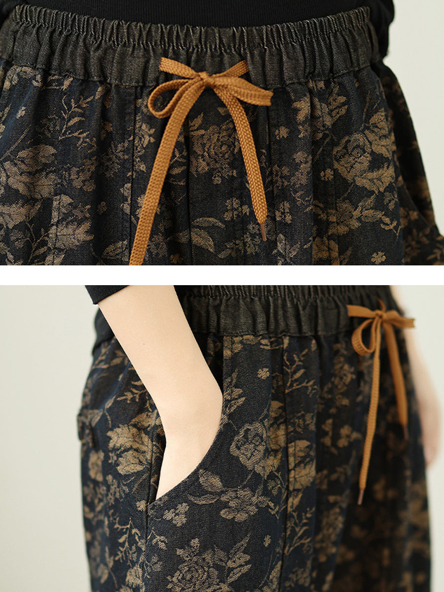 Women Autumn Retro Flower Cotton Harem Pants