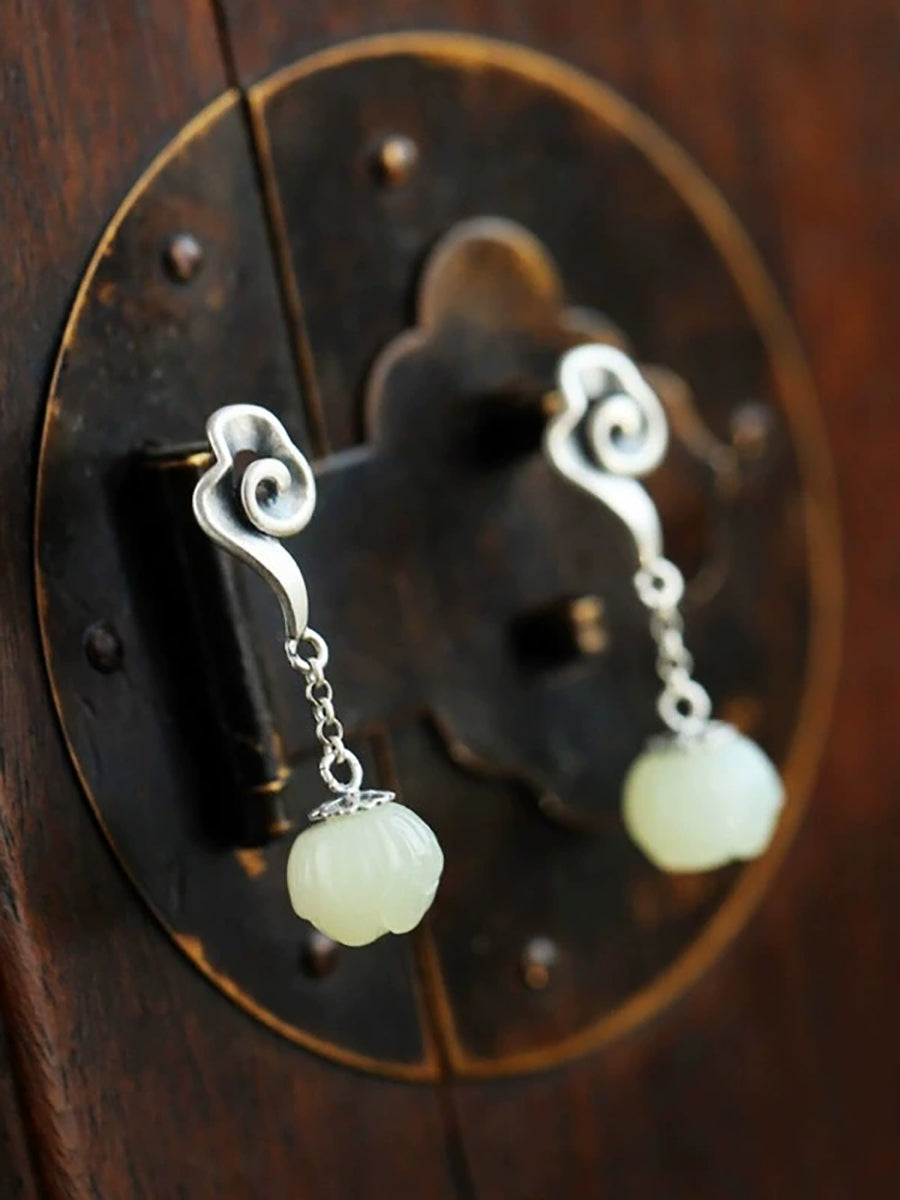 Women Ethnic Alloy Jade Flower Earrings