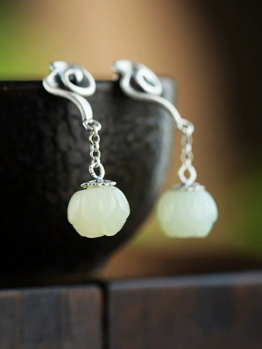 Women Ethnic Alloy Jade Flower Earrings