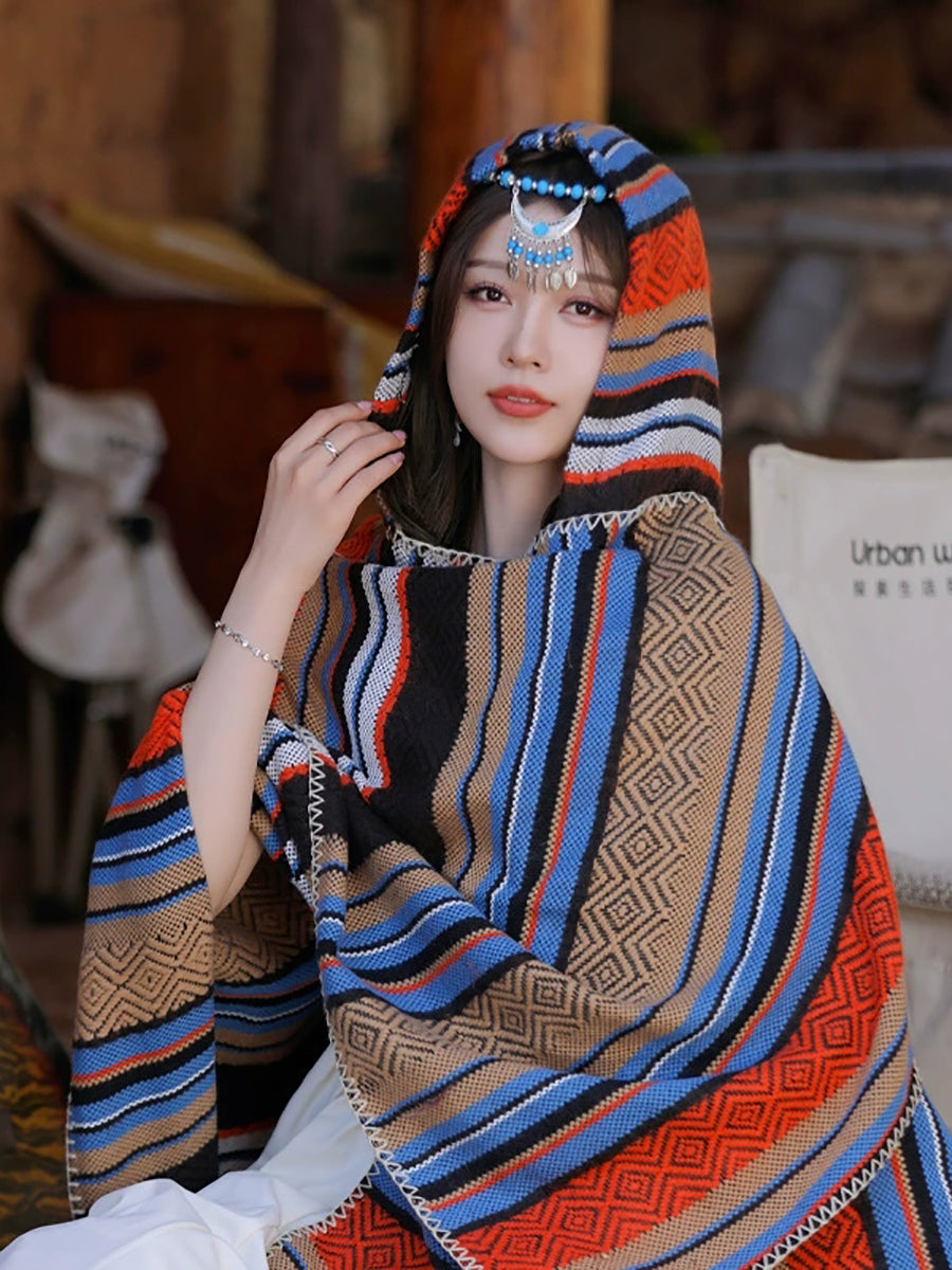 Women Autumn Ethnic Stripe Warm Shawl Hooded Scarf