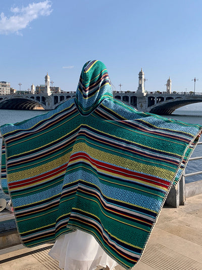 Women Autumn Ethnic Stripe Warm Shawl Hooded Scarf