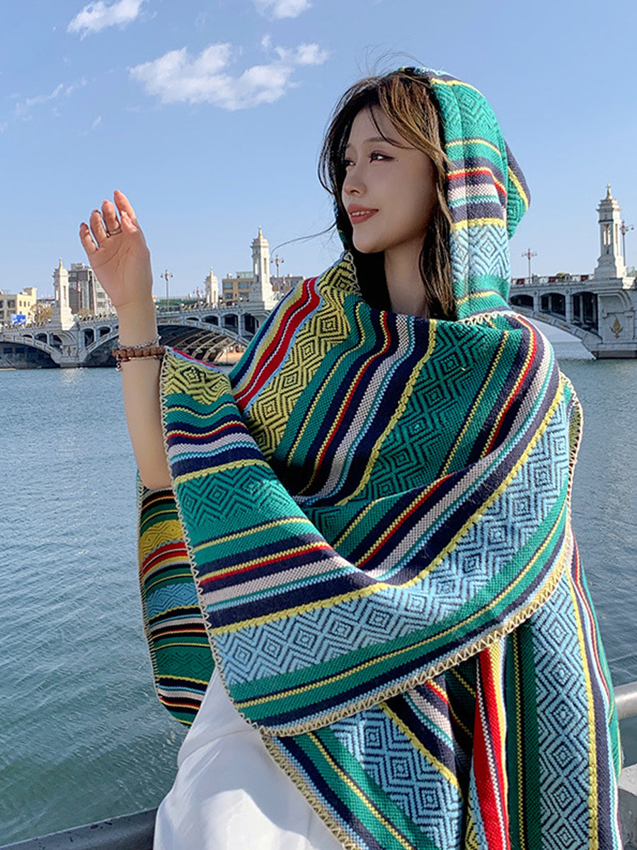 Women Autumn Ethnic Stripe Warm Shawl Hooded Scarf