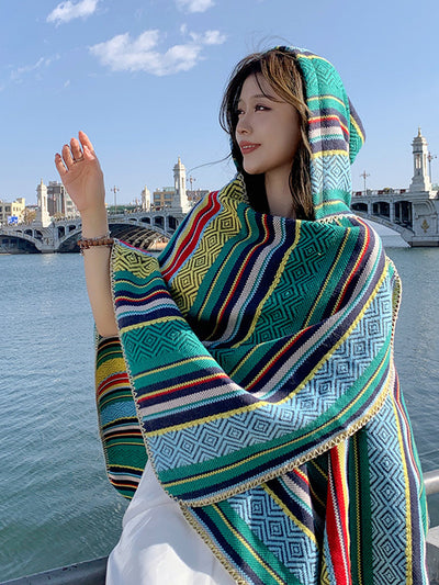 Women Autumn Ethnic Stripe Warm Shawl Hooded Scarf