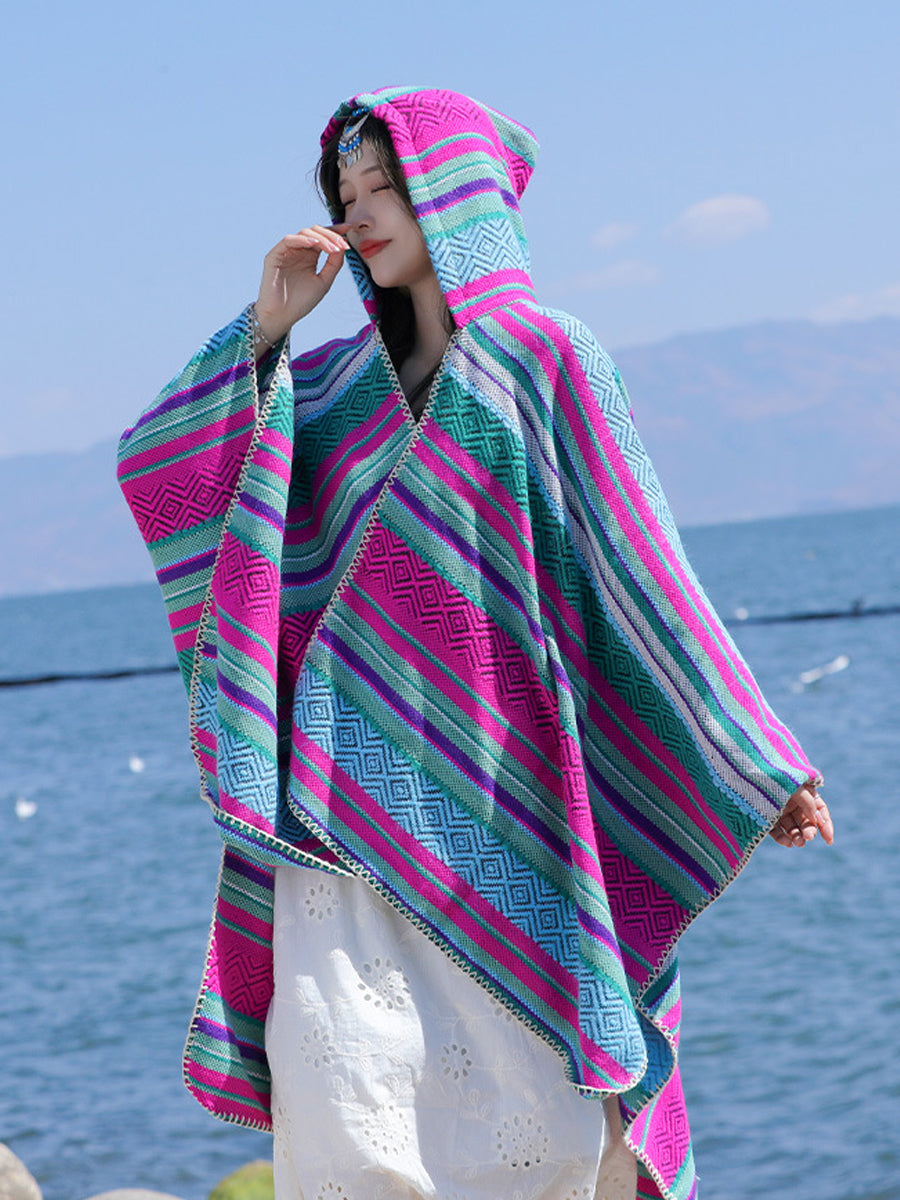 Women Autumn Ethnic Stripe Warm Shawl Hooded Scarf