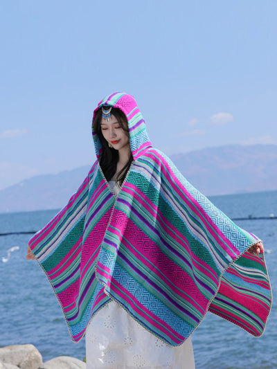 Women Autumn Ethnic Stripe Warm Shawl Hooded Scarf