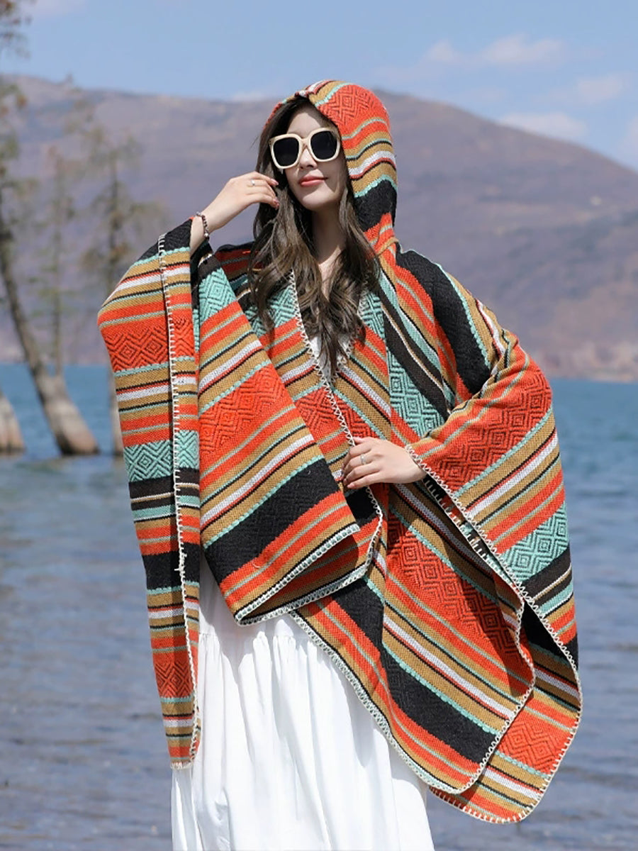 Women Autumn Ethnic Stripe Warm Shawl Hooded Scarf