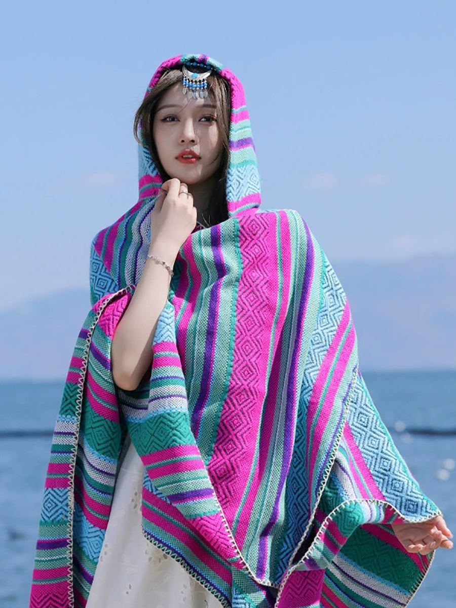Women Autumn Ethnic Stripe Warm Shawl Hooded Scarf