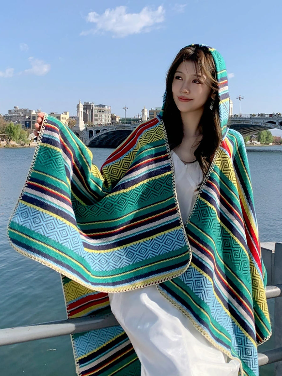 Women Autumn Ethnic Stripe Warm Shawl Hooded Scarf
