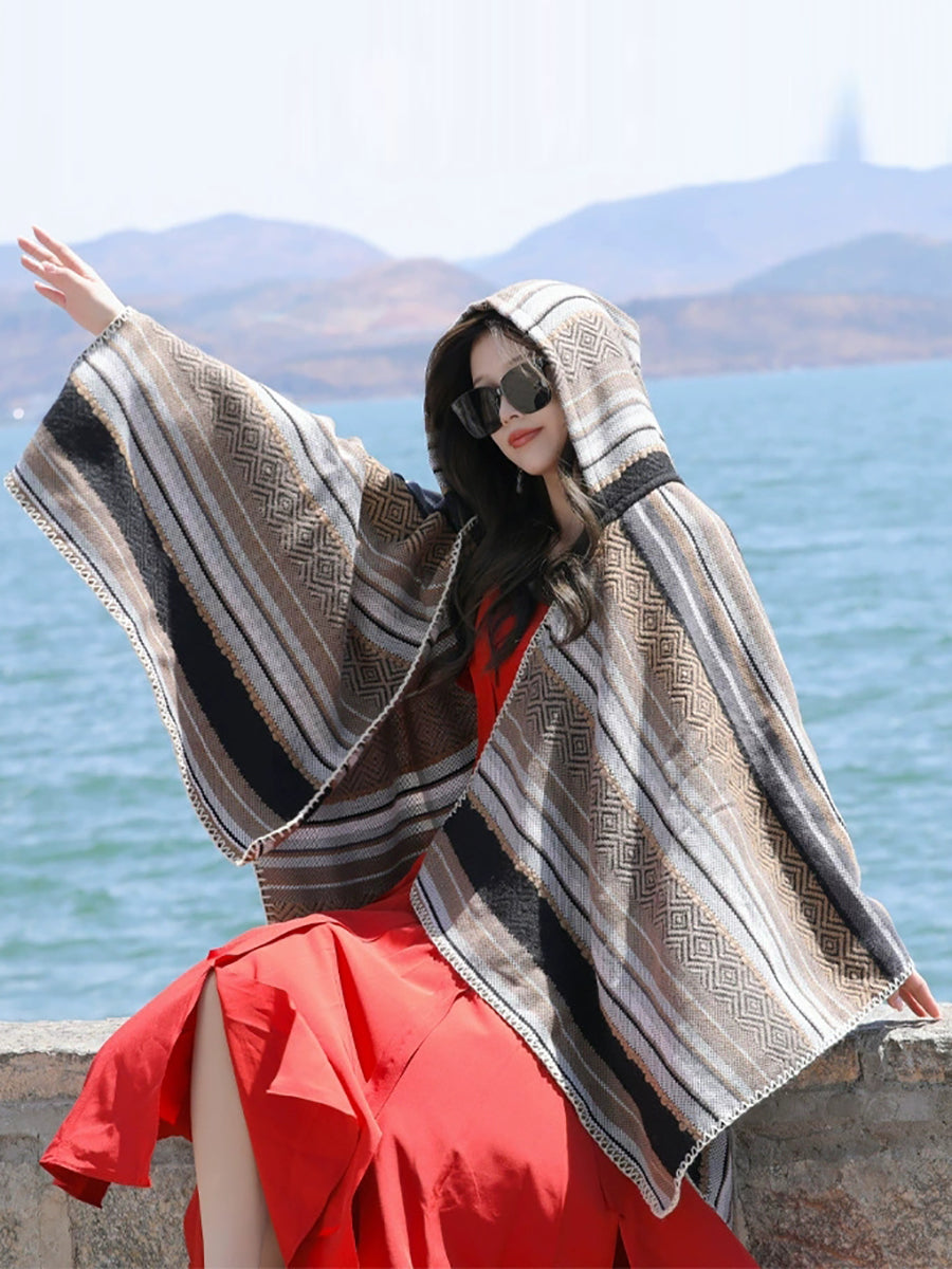 Women Autumn Ethnic Stripe Warm Shawl Hooded Scarf