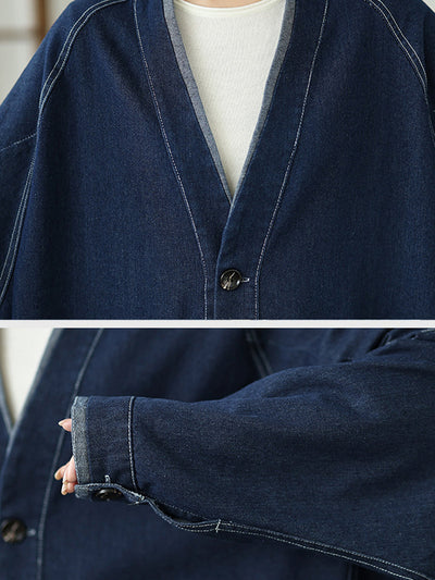 Women Vintage Autumn Denim Loose V-Neck Coat